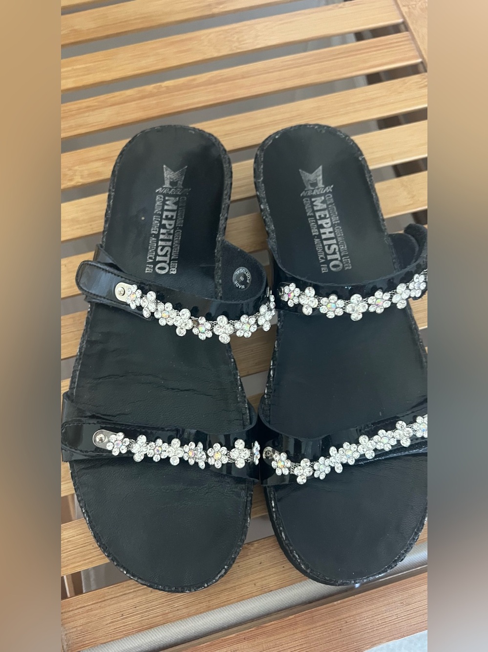 Mephisto Black Floral Crystal Strap Slide Sandals, size 6.5. Made in Portugal
